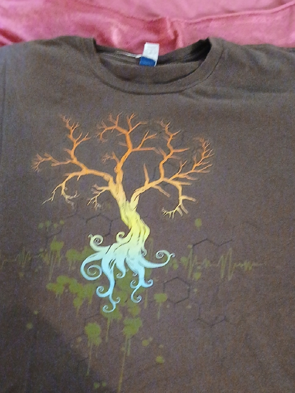 Mens Brown Graphic Tee with Orange-Yellow Tree Of Life Design